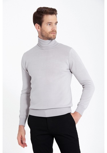 Hatemoğlu Açık Gri Balıkçı Yaka Triko Kazak Altın Açık Gri