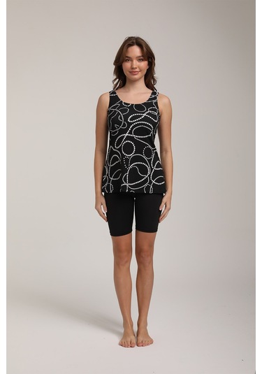 Chelly Kadın Desenli Askılı Taytlı Tankini S 5700 Siyah Siyah