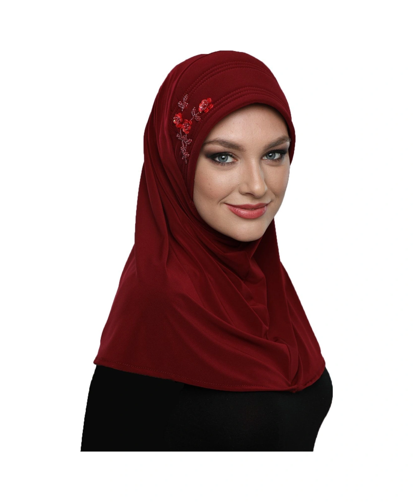 Takmatik Taşlı El Işi Boncuk Işlemeli Bordo Hazır Türban Tesettür Bone Namaz Örtüsü Bordo