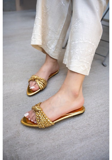 Mirim Örgü Detaylı Kadın Terlik Gold Altın