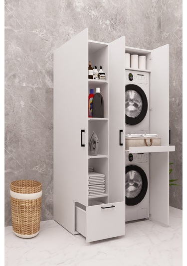 Mdf Çamaşır Makinesi Ve Kurutma Makinesi Dolabı Ütü Masalı Kapaklı Beyaz