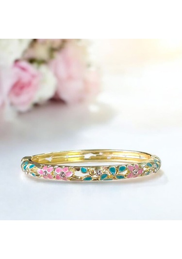 Yeşil Yapraklı Pembe Çiçek Mineli Çelik Bilezik Gold