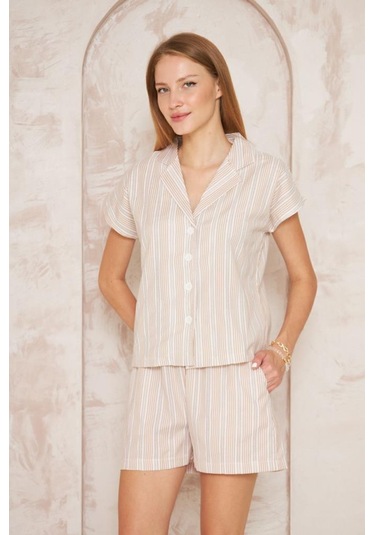 Kadın Özel Kumaş Ceket Yaka Beli Lastikli Kısa Kol Gömlek Cepli Şort Takım 3625290 Beyaz