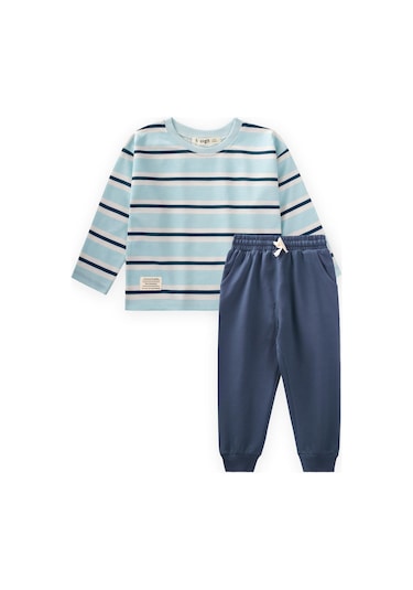 Çizgili Uzun Kollu T-shırt Takım 2-12 Yaş Turkuaz Lacivert Çizgili Turkuaz