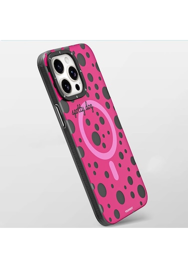 iPhone 14 Pro Max Uyumlu Kılıf Magsafe Özellikli Polka Dot Desenli Youngkit Spots Serisi Kapak Pembe