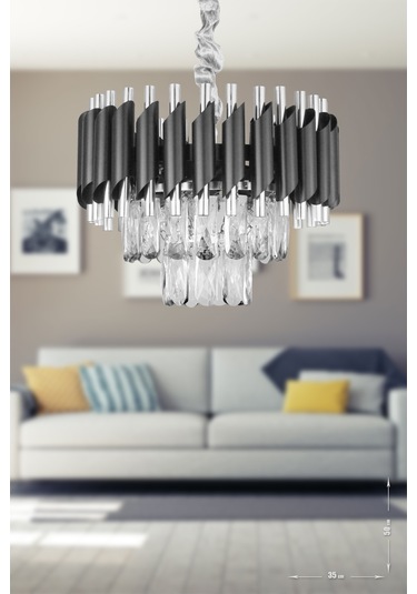 Avizemoda Palmira 35'Lik Prizma Kesim Kristal Taşlı Lüks Avize - (Siyah-Krom)
