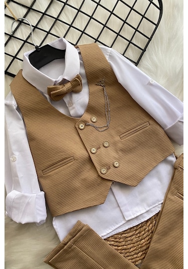 Matrix Yelekli Zincirli Erkek Çocuk Takım Elbise Camel