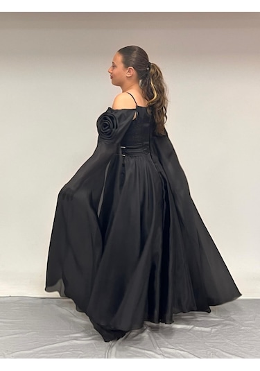 Kız Çocuk Abiye Siyah Uzun Askılı Kolları Çıkabilen Pelerinli Şifon Abiye Elbise 10-15 Yaş Siyah