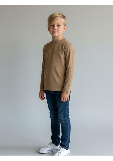 Zekids Erkek Çocuk Pamuklu Bisiklet Yaka Uzun Kollu Basic T-shirt-16775 Bej