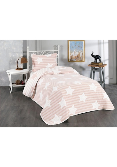 Evlen Home Pedri Yıldız Desenli Pamuklu Tek Kişilik Yatak Örtüsü Pike Takımı 2 Parça Çocuk Yatak Örtüsü Pudra
