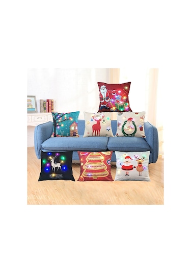 Monyee Noel Desenli Led Işıklı Linen Yastık Kılıfı 45x45cm - Otomobil/canapé Pencere Dekorasyonu - Fermuar Kapaklı Diğer