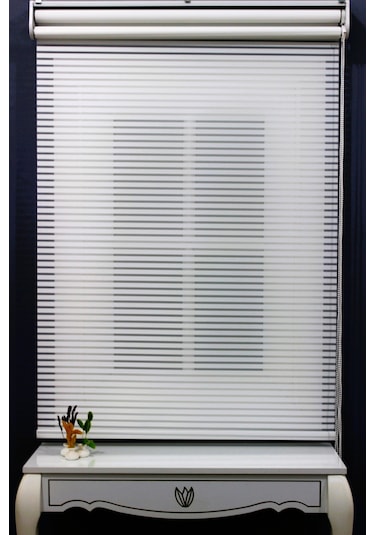 Çift Mekanizmalı Kalın Çizği Tül & Mat Beyaz Stor %80 Işıgı Keser