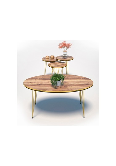 Zigon Sehpa Ve Orta Sehpa Elips Set Çift Gold Ceviz Tel