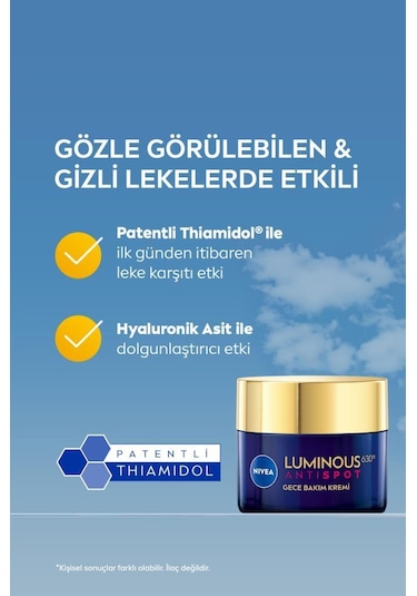 Nivea Luminous630 Thiamidol Etkili Leke Karşıtı Gece Yüz Bakım Kremi Hyaluronik Asit Nemlendirici 50 ML