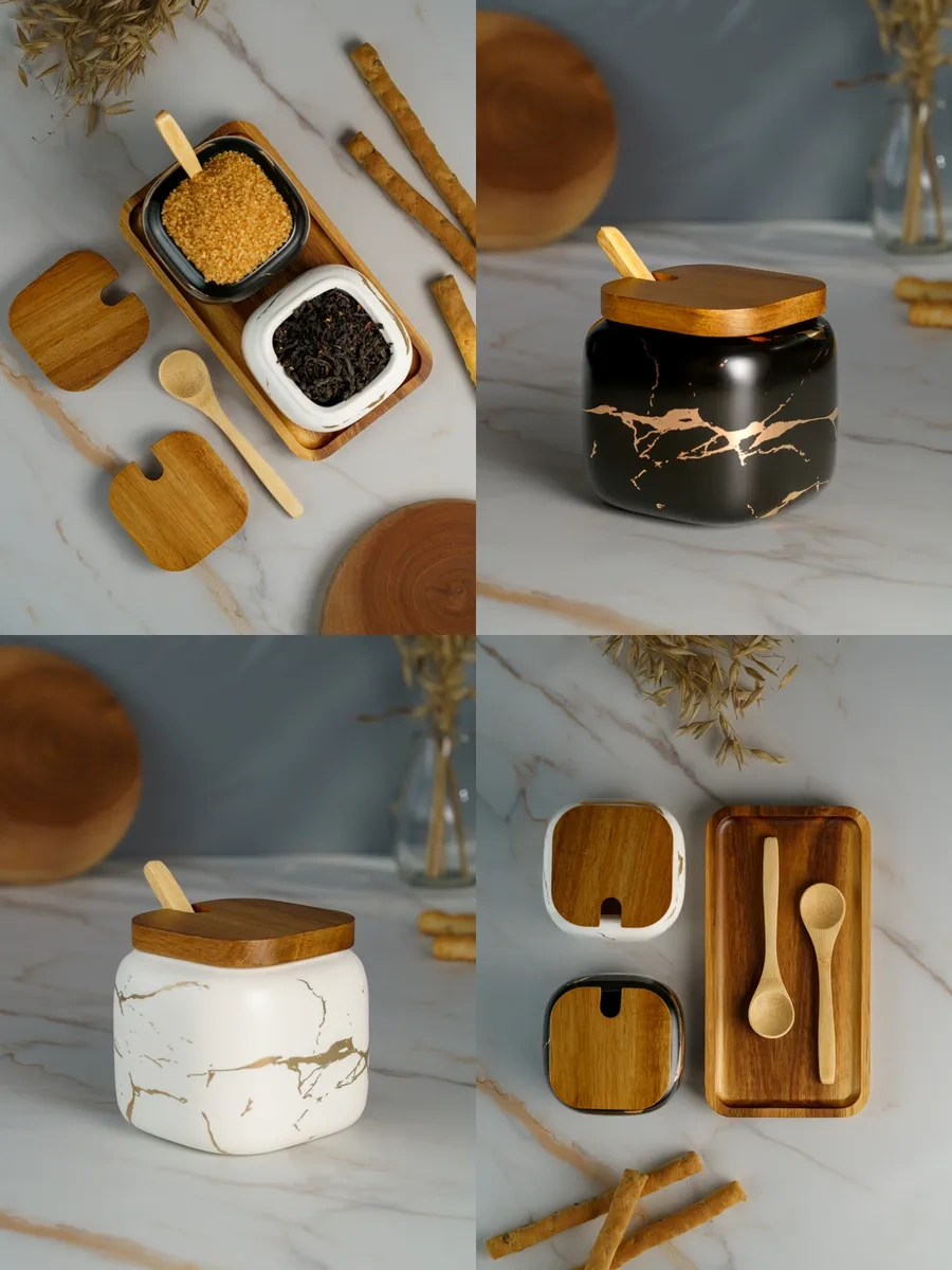 Homehoud Kapaklı Ve Kaşıklı Porselen Şekerlik Sehpa Seti 259176540 Siyah