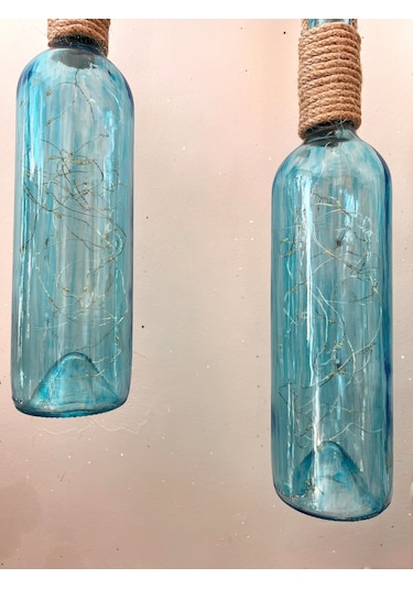 El Figürlü Duvar Lambası Pilli Led Işıklı Dekoratif Mavi Boyalı Cam Şişe Aydınlatma Vintage El Y Mavi