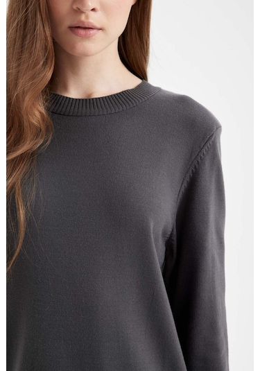 DeFacto Regular Fit Bisiklet Yaka Yırtmaçlı Basic Düz Triko Kazak Tunik H3431AZ24AUAR161 Antrasit