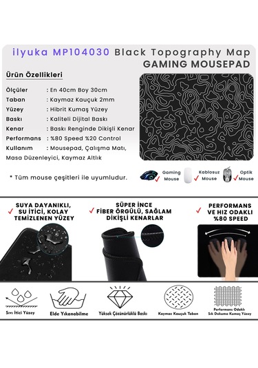 40x30cm Gaming Oyuncu Mousepad Black Topography Map Mp104030