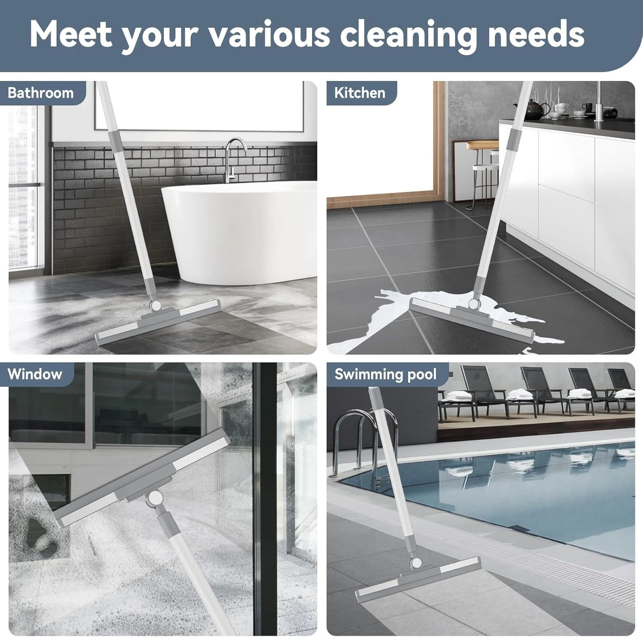 Dofolink 180 Derece Döner Başlı Kauçuk Squeegee - 52 İnç Uzun Saplı Zemin Penceresi Banyo Tuğla Garaj Temizleme Aracı Beyaz