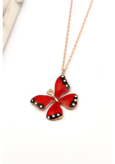 Gümüş Kırmızı Mineli Kelebek Kolye Wsn269
