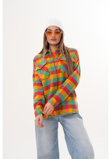 Kadın Desen Bloklu Oduncu Oversize Bol Ve Geniş Kalıp Casual Cepli Yakalı Ceket Gömlek Sarı