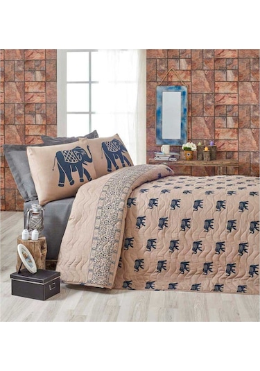 Kapitone Yatak Örtüsü Seti Çift Kişilik Fil Mavi