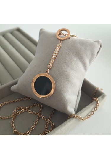 Çelik Rose Renk Roma Rakamlı Uzun Kadın Kolye