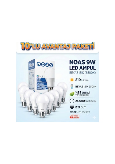 Noas 9w Led Ampul 10lu Paket Beyaz Işık E27 Duy 810lm Yl95-9011
