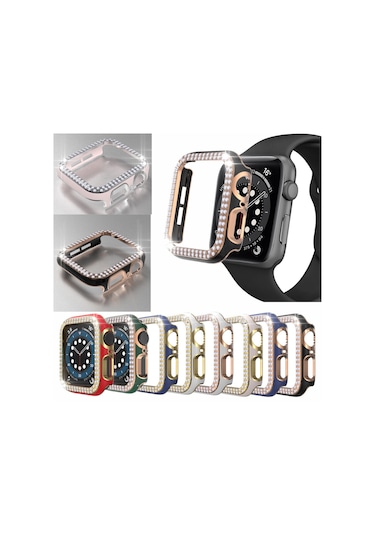 Apple Uyumlu  Watch 5 6 40 MM Çift Sıra Parlak Taşlı Rubber Kasa Ka