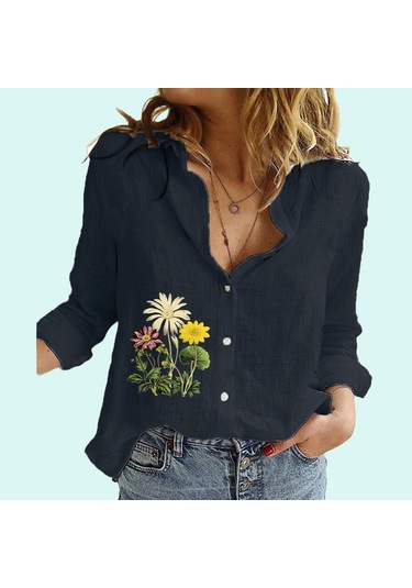 Kadın Modası Çiçek Baskılı Gömlek Kadın Modası İlkbahar&sonbahar Uzun Kollu Üst Bayan Keten Uzun Kollu Bluzlar Siyah