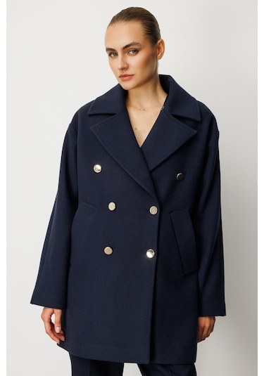 Ekol Kadın Kruvaze Yaka Yan Cepli Kaban 6093 Lacivert Lacivert