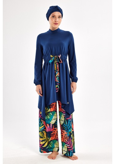 Likralı Bol Paça Tam Kapalı Tesettür Mayo Bloom 1119 Açık Lacivert Açık Lacivert
