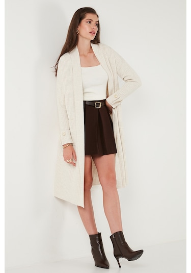 Lela % 100 Akrilik Triko Örme Uzun Bayan Hırka 4615212 Açık Taş