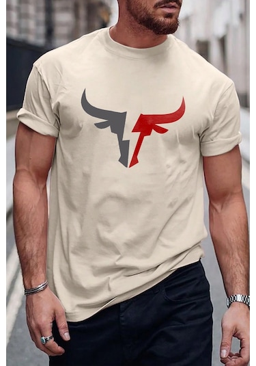 Erkek Boğa Silüet Baskılı Oversize Tshirt Bej