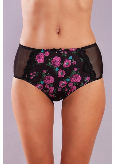 Golshan Gardenia Control Slip, Kadın Dantelli Çiçek Baskılı Siyah Yüksek Bel Külot Çok Renkli