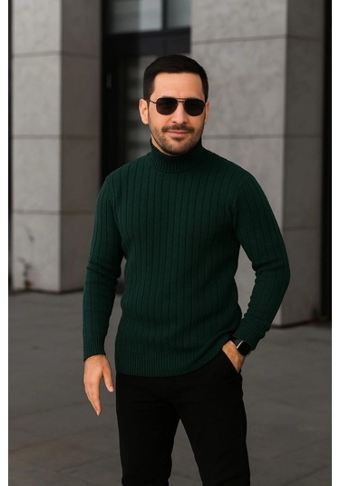 Erkek Fitilli Triko Kazak 3'lü Set Gri Haki Siyah Regular Balıkcı Yaka Tam Boğazlı Triko Seti Modeli Haki Siyah Gri