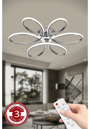 Ransom 3 Renk Kumandalı Plafonyer Led Avize Krom Büyük Salon Papatya Led