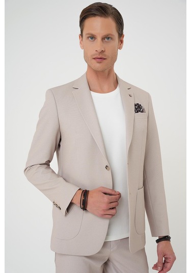 Comfort Fit Mono Yaka Çift Yırtmaç Torba Cep Kendinden Desenli Casual Bej Ceket C 705 Bej