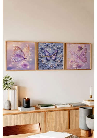 Mor Kelebekli Mdf Tablo Seti Ahşap Çerçeveli 3 Lü Saatli Kombin Renkli
