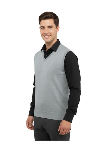 Çizgi Triko Erkek V Yaka Süveter Çelik Örgü Regular Kalıp 5200h Bgl-st04962 Gri
