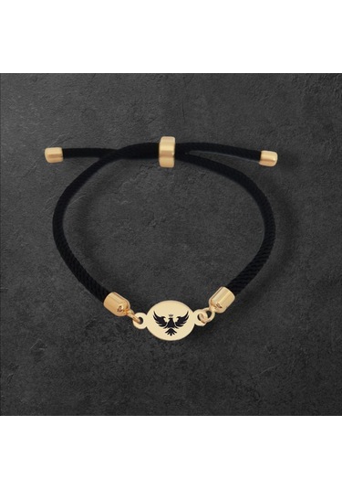 İpek Örgülüli 14 Ayar Altın Plakalı Oval Motifli Kartal Sembollü Hediye Bileklik-320sembol-siyah Altın