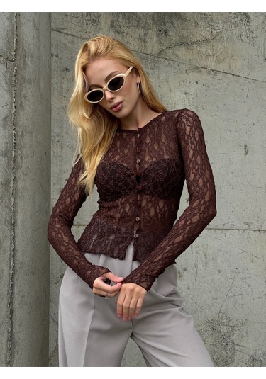 Kadın Bisiklet Yaka Önden Düğmeli Full Esnek Dantel Bürümcük Spor Şık Tasarım Gece Bluzu Kahverengi