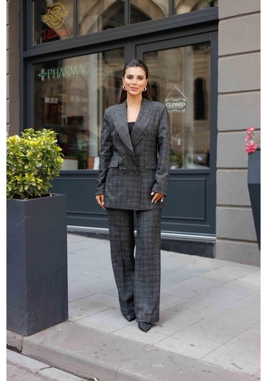 6 Düğmeli Kruvaze Ekose Takım Siyah Siyah