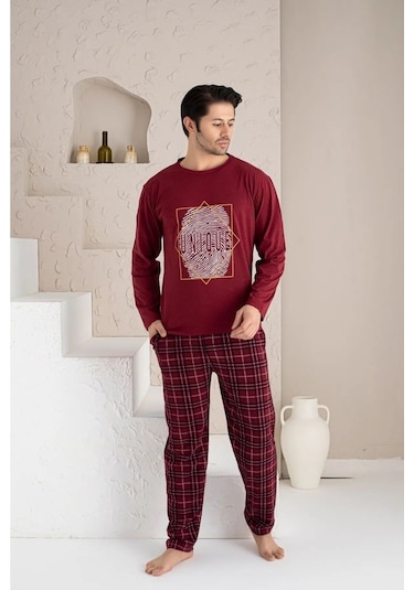 Lukitus Uzun Kol Sıfır Yaka Pamuklu Erkek Pijama Takımı Bordo Vlknekose Bordo