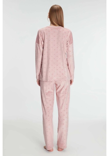 Uzun Kol V Yaka Sweatshirt Ve Pantolon Takım Pijama Takımı Gül