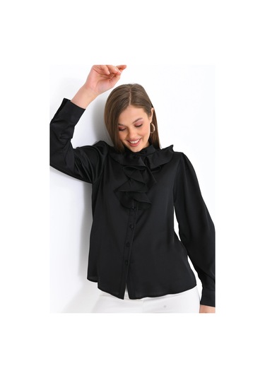 Kadın Siyah Hafif Dökümlü Volanlı Yaka Saten Gömlek 001