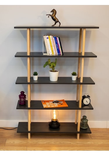 5 Raflı Modern Dekoratif Kitaplık Klasörlük Mutfak Rafı Kiler Çok Amaçlı Düzenleyici Raf - Antrasit