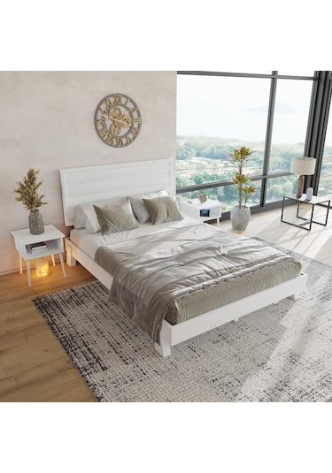 Hüma Model Beyaz Renk Çam Ahşap Karyola Yatay -278 180 x 200 CM