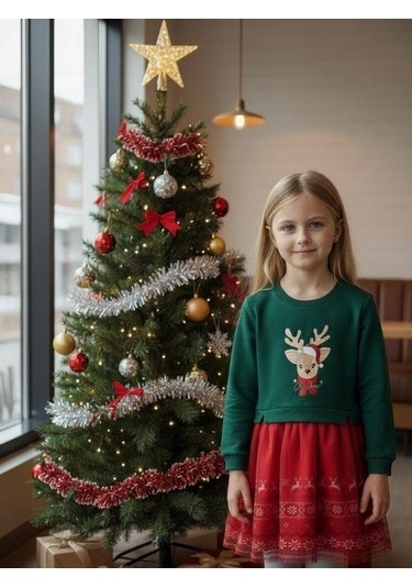 Kız Çocuk Geyikli Yılbaşı Temalı Taç Hediyeli Elbise-16405 Kırmızı