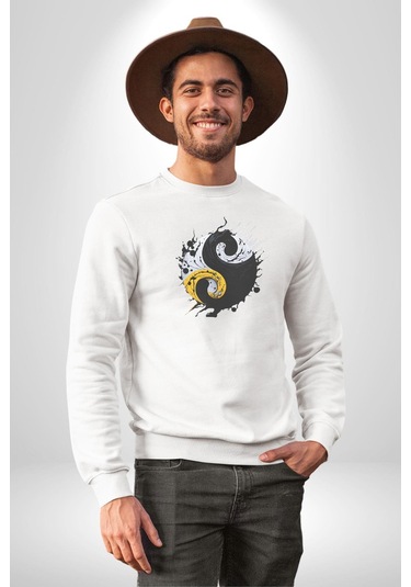 Yin İle Yang Kuramı Unisex Beyaz Baskılı Sweatshirt Beyaz